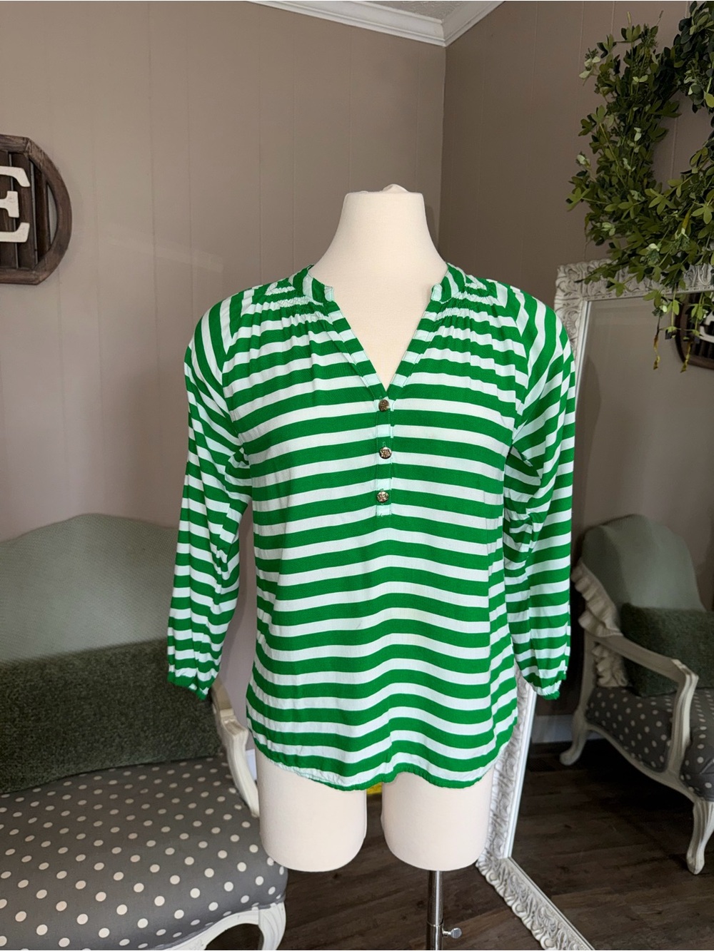 Escapada Green Stripe Tunic Top – Size Sm - Picture 3 of 14